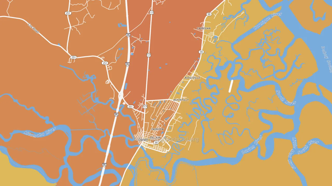 Map of the best neighborhoods in the 31305 area, with better matches in green and worse matches in red