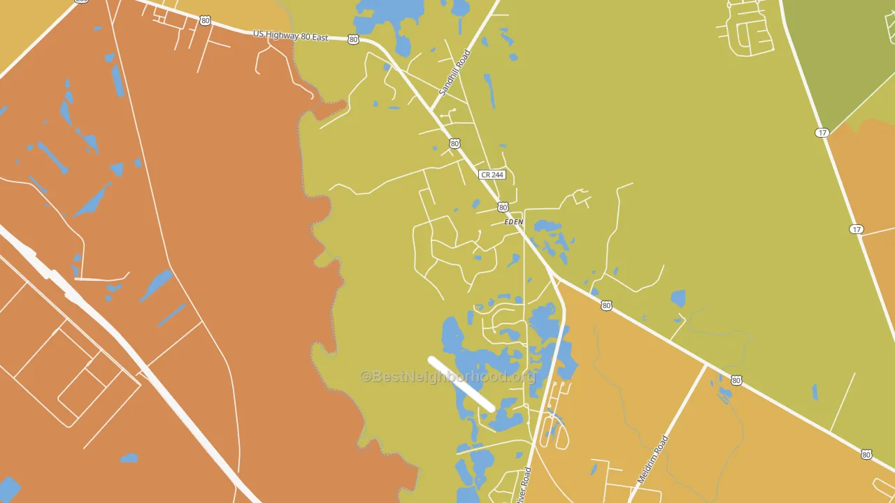 Map of the best neighborhoods in the 31307 area, with better matches in green and worse matches in red