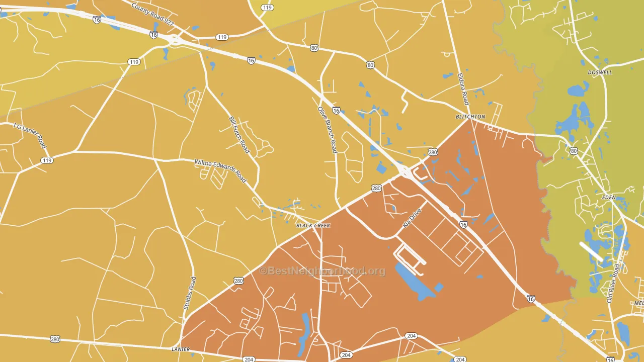 Map of the best neighborhoods in the 31308 area, with better matches in green and worse matches in red