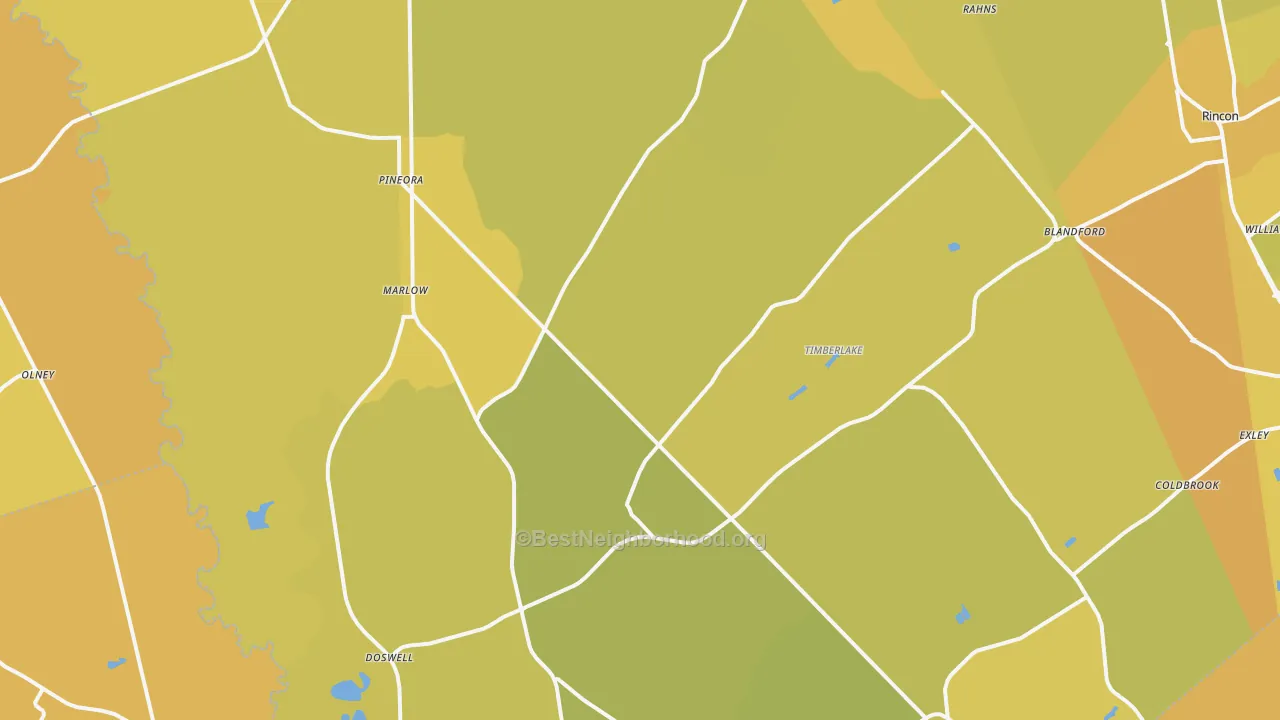Map of the best neighborhoods in the 31312 area, with better matches in green and worse matches in red