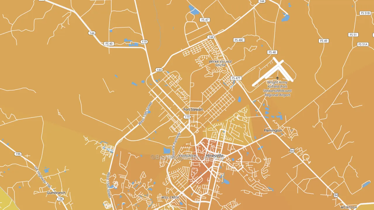 Map of the best neighborhoods in the 31314 area, with better matches in green and worse matches in red