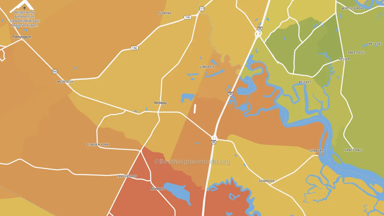 Map of the best neighborhoods in the 31320 area, with better matches in green and worse matches in red