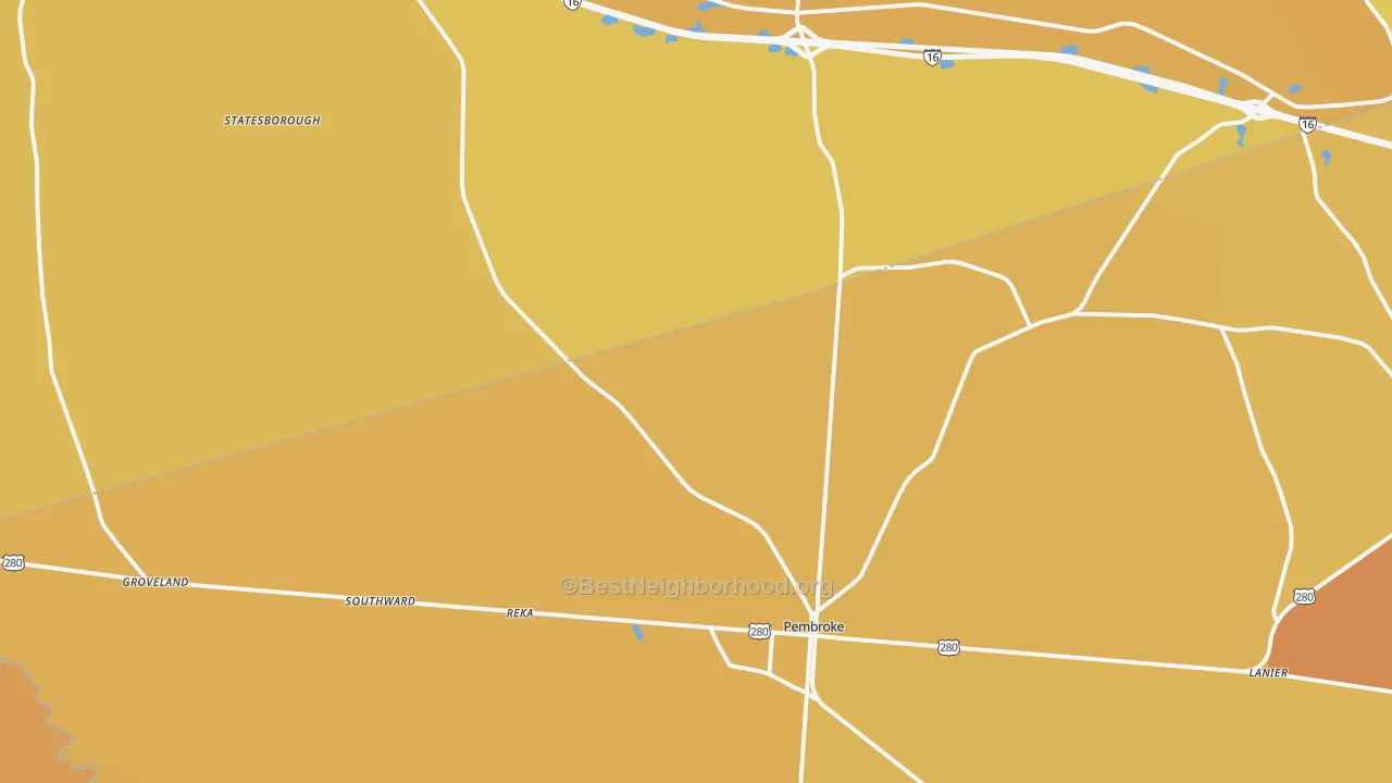 Map of the best neighborhoods in the 31321 area, with better matches in green and worse matches in red