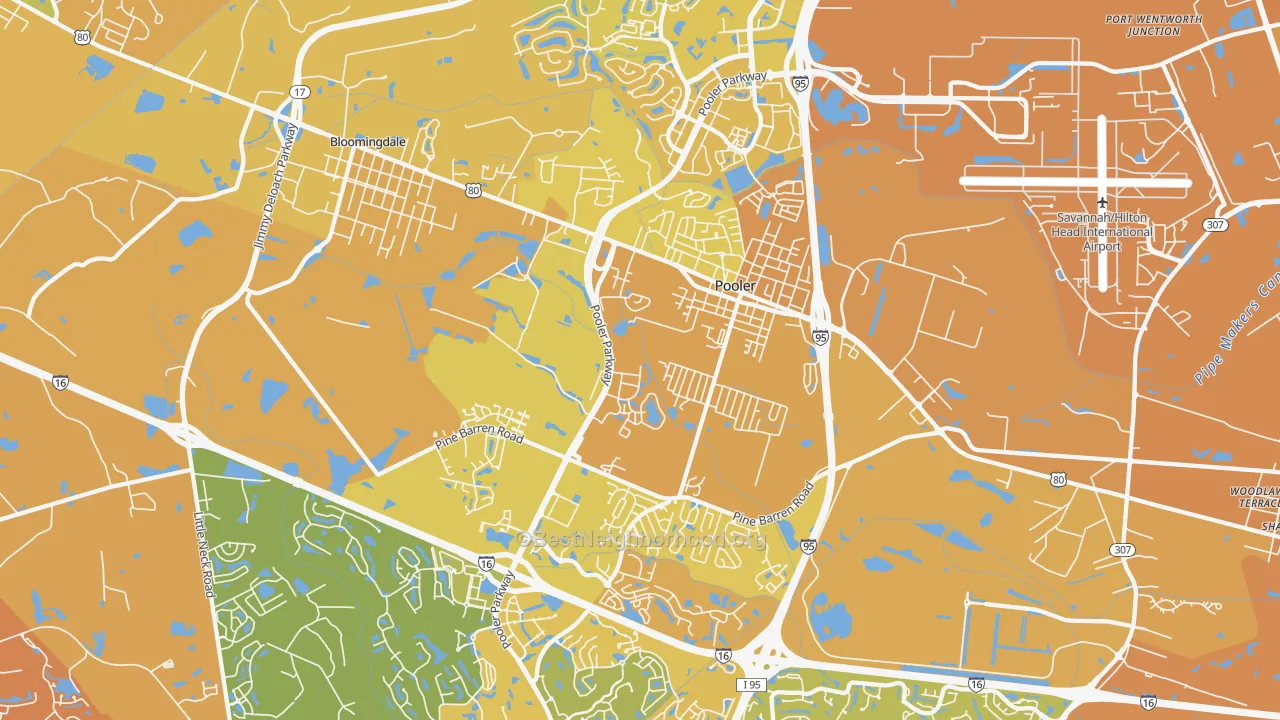 Map of the best neighborhoods in the 31322 area, with better matches in green and worse matches in red
