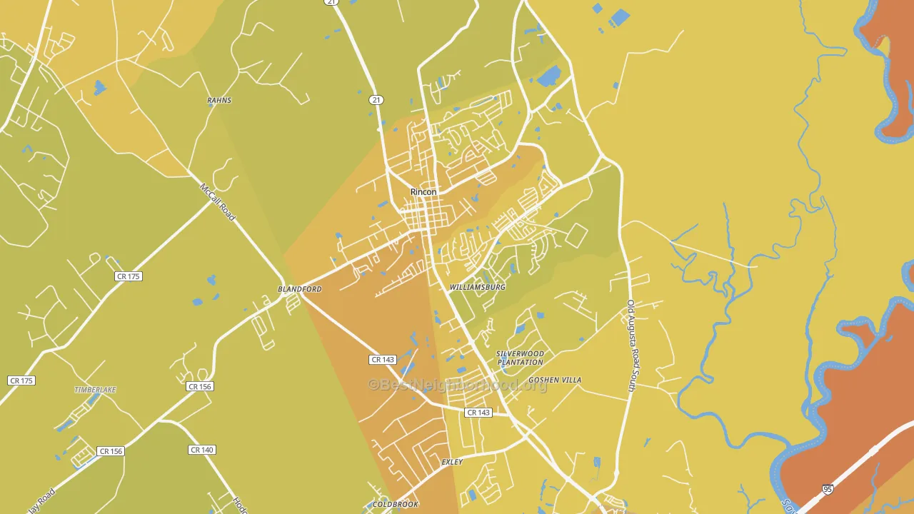 Map of the best neighborhoods in the 31326 area, with better matches in green and worse matches in red
