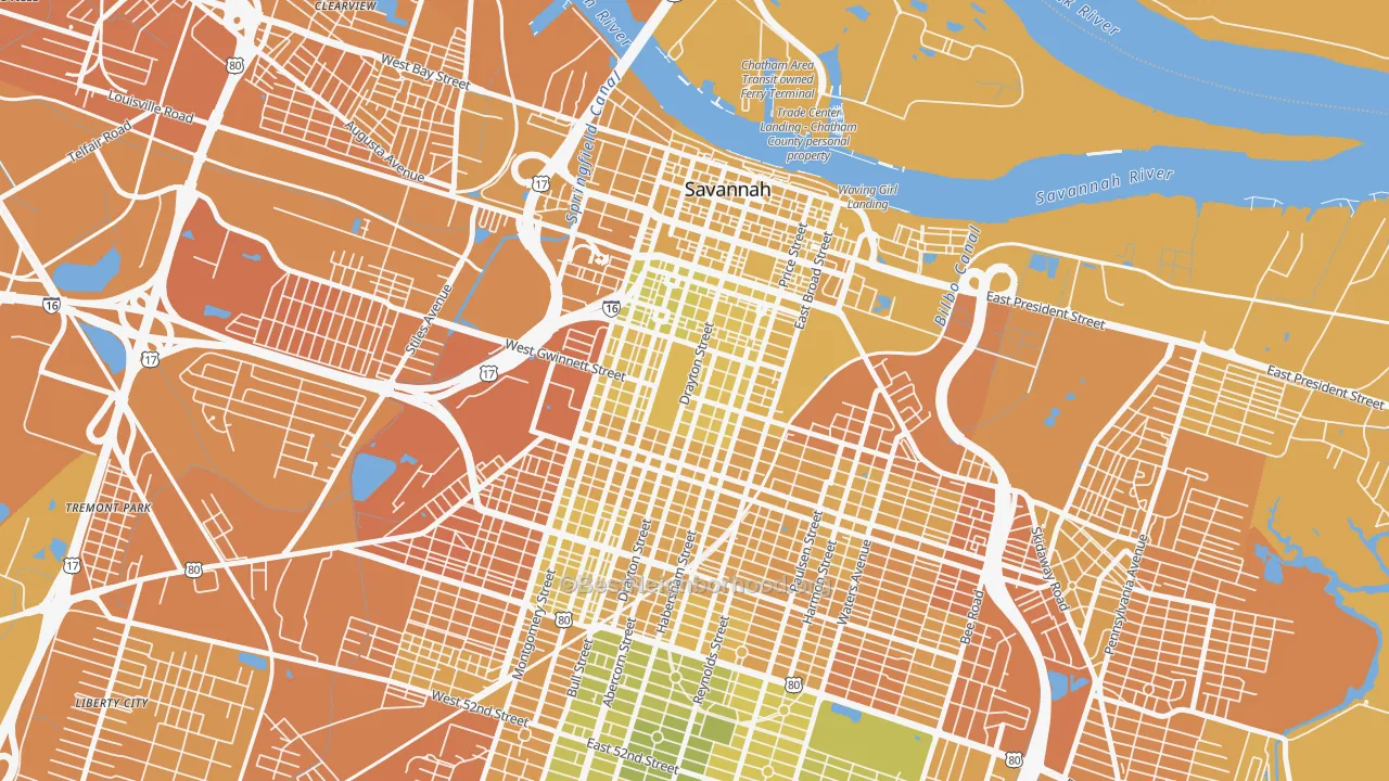 Map of the best neighborhoods in the 31401 area, with better matches in green and worse matches in red