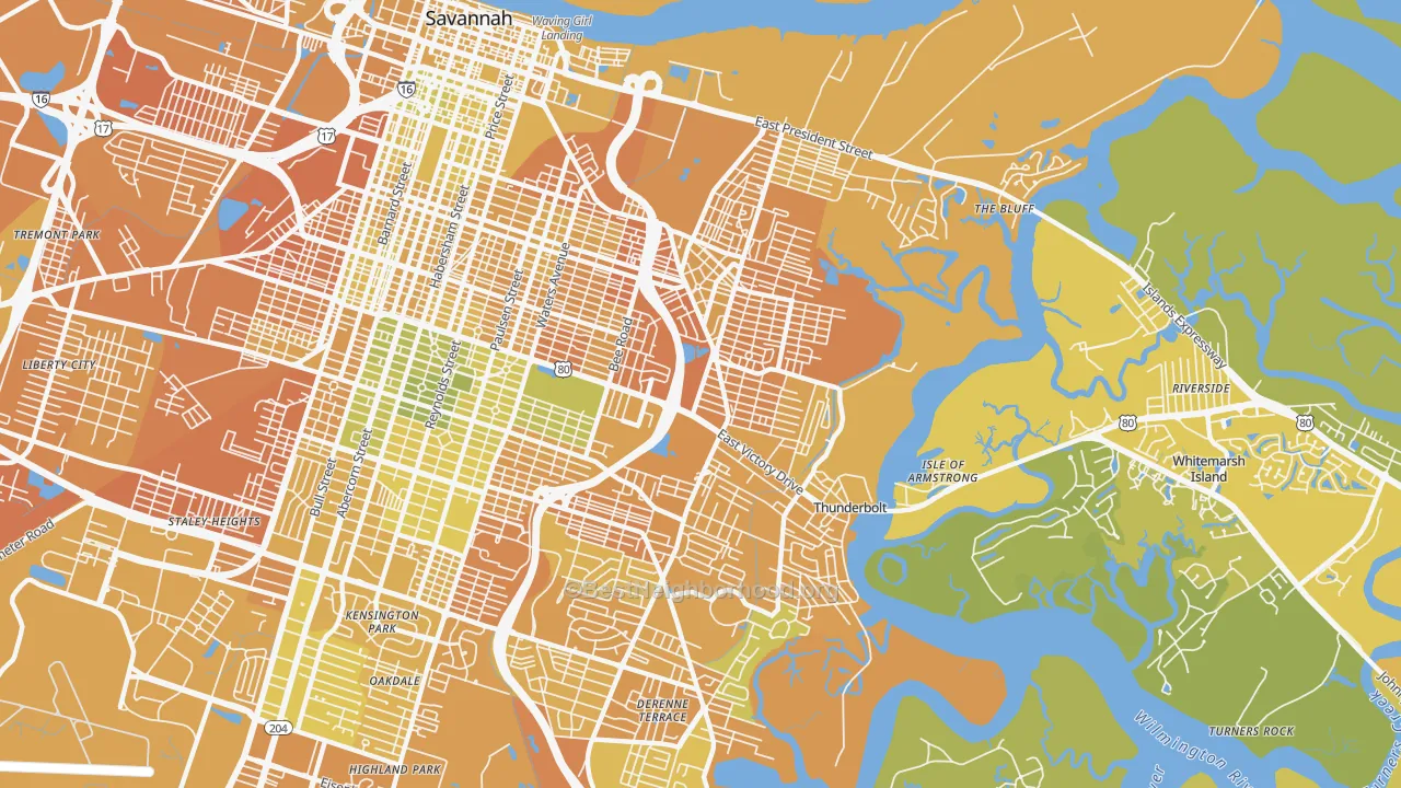 Map of the best neighborhoods in the 31404 area, with better matches in green and worse matches in red