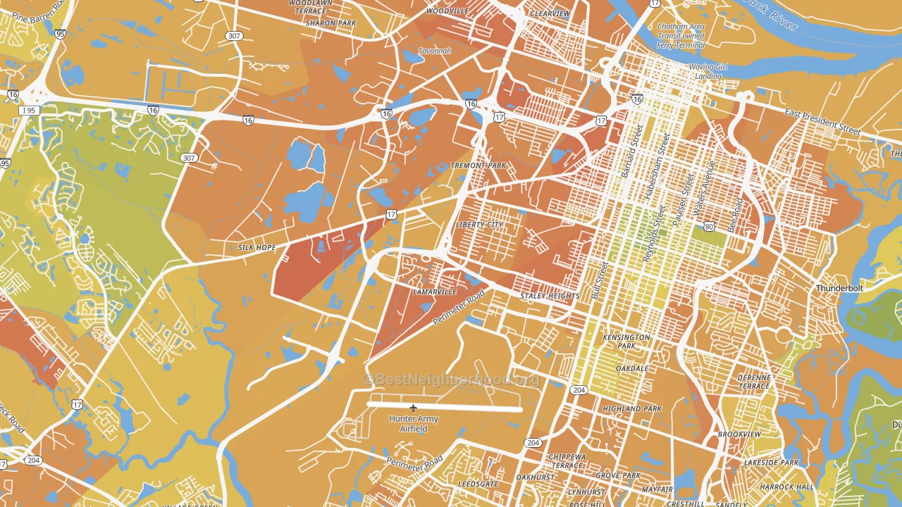 Map of the best neighborhoods in the 31405 area, with better matches in green and worse matches in red