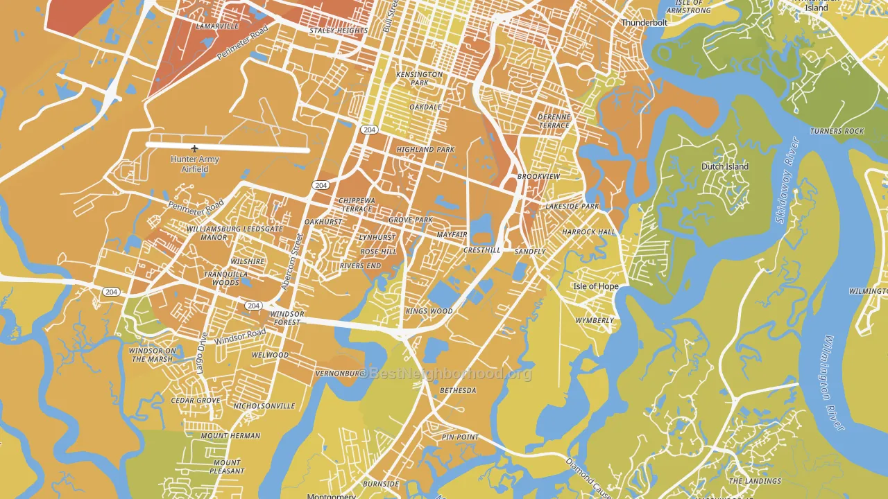 Map of the best neighborhoods in the 31406 area, with better matches in green and worse matches in red