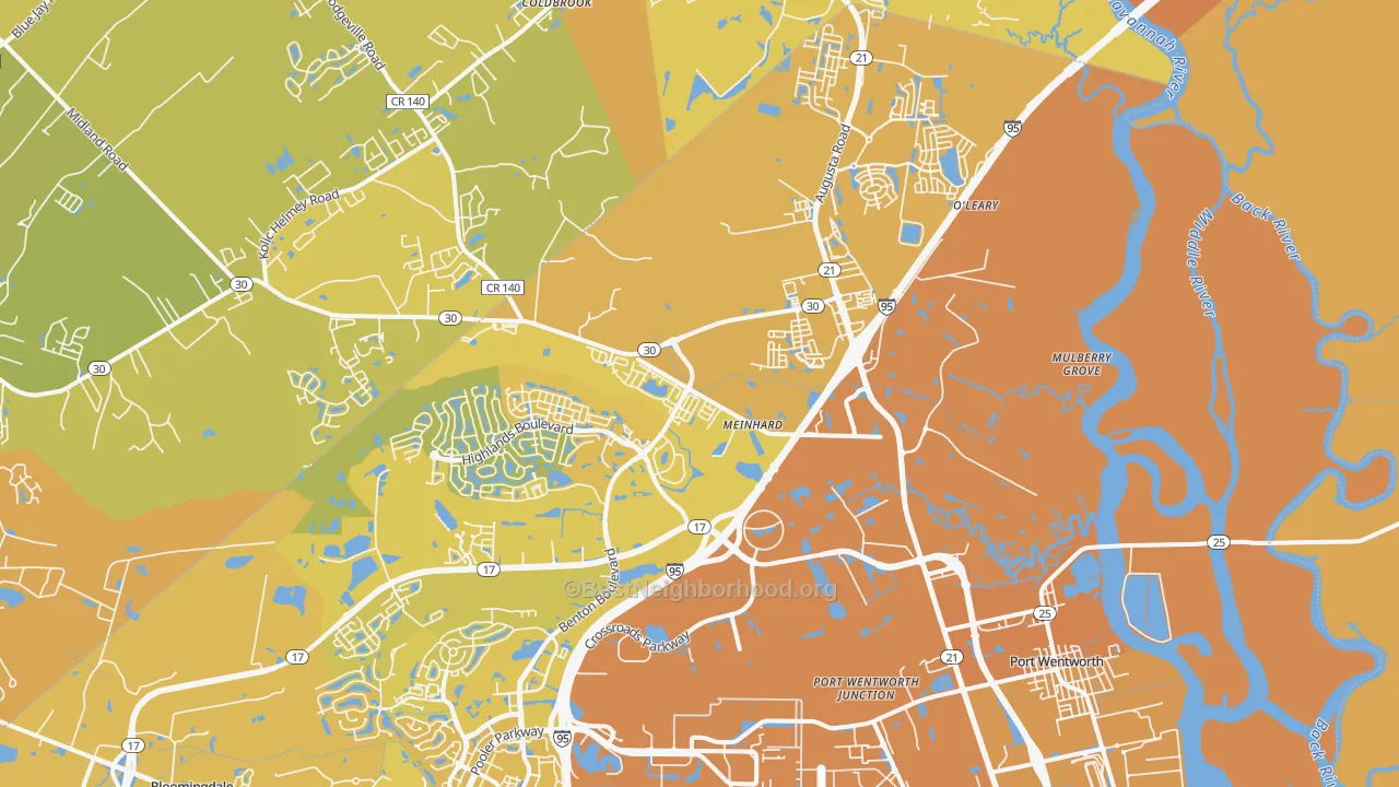 Map of the best neighborhoods in the 31407 area, with better matches in green and worse matches in red