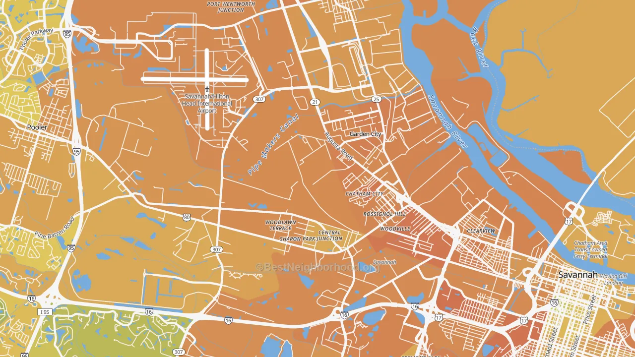 Map of the best neighborhoods in the 31408 area, with better matches in green and worse matches in red