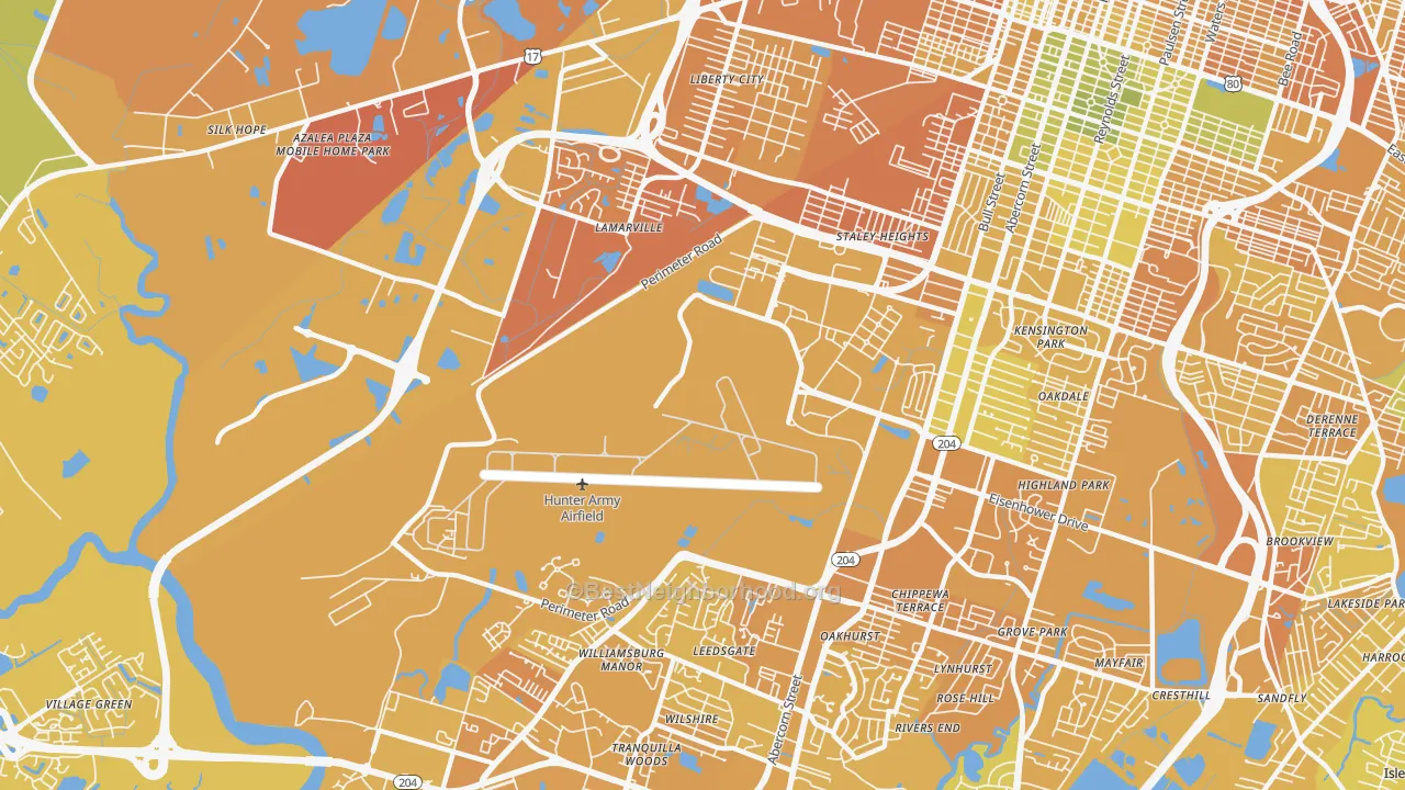 Map of the best neighborhoods in the 31409 area, with better matches in green and worse matches in red