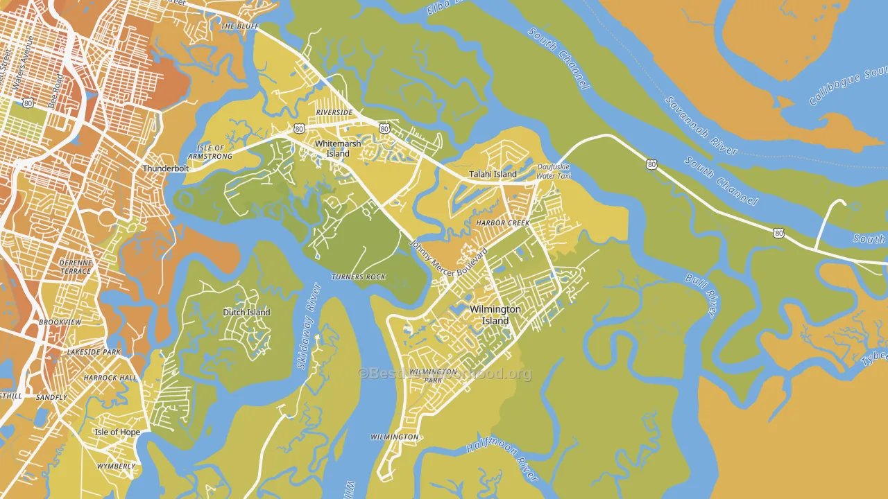Map of the best neighborhoods in the 31410 area, with better matches in green and worse matches in red