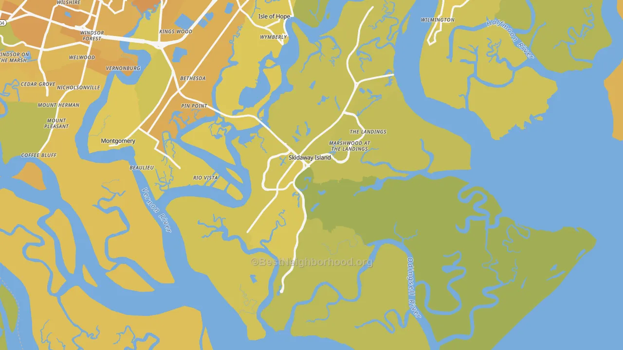 Map of the best neighborhoods in the 31411 area, with better matches in green and worse matches in red