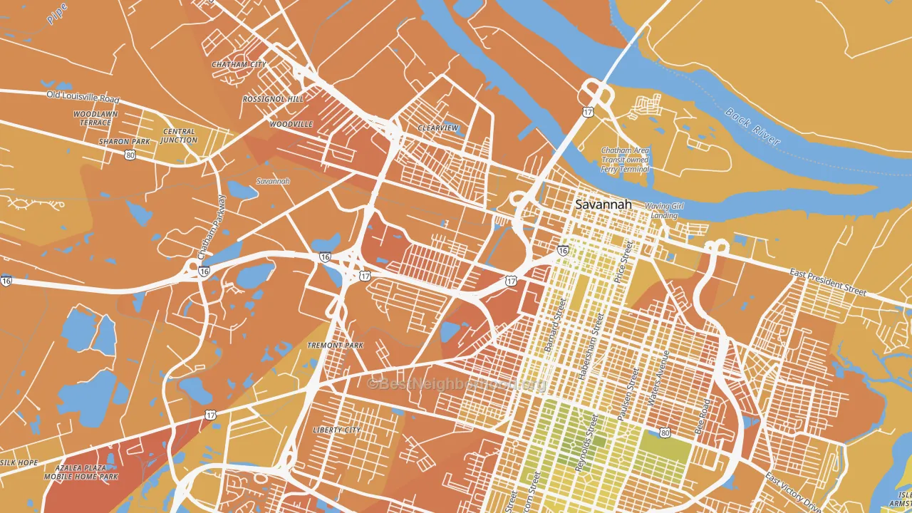 Map of the best neighborhoods in the 31415 area, with better matches in green and worse matches in red
