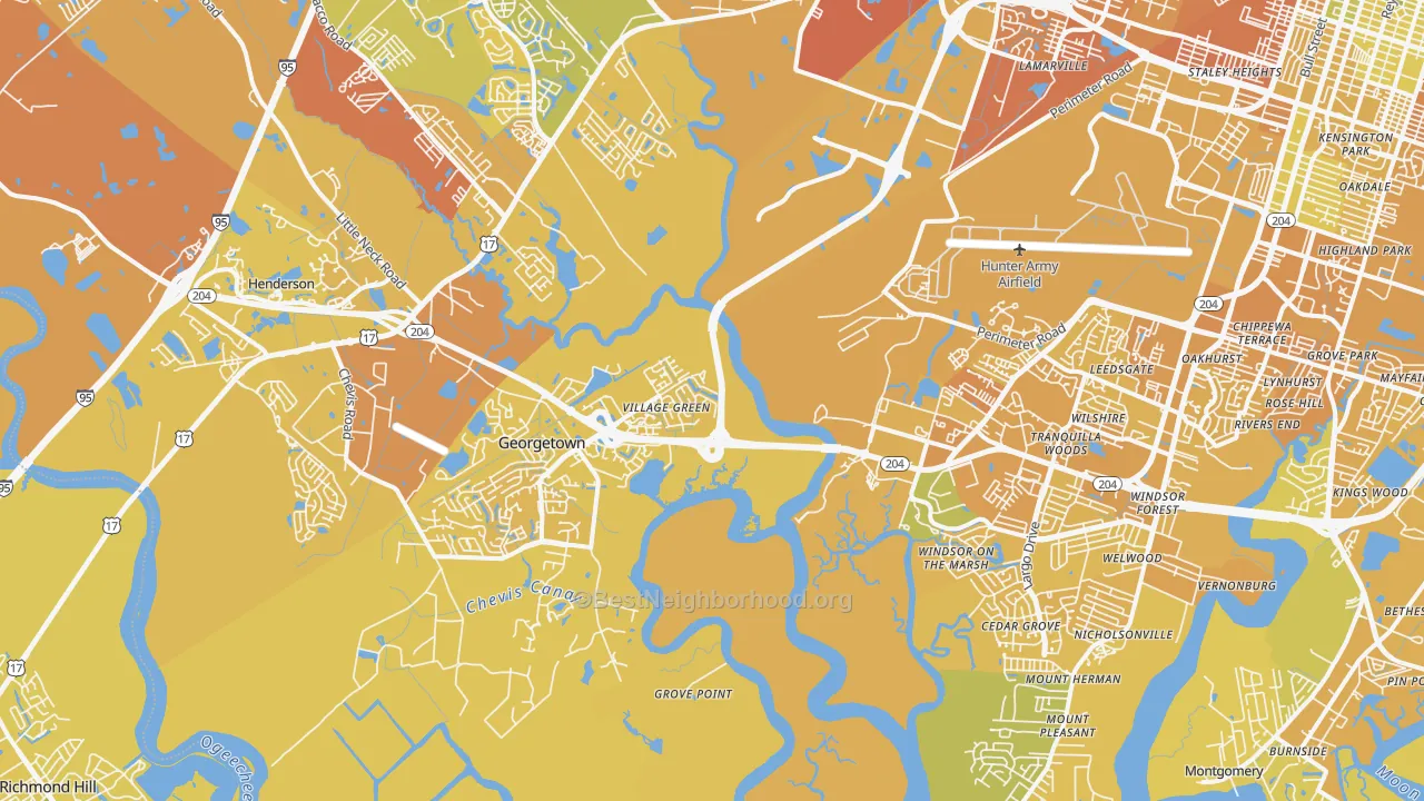 Map of the best neighborhoods in the 31419 area, with better matches in green and worse matches in red