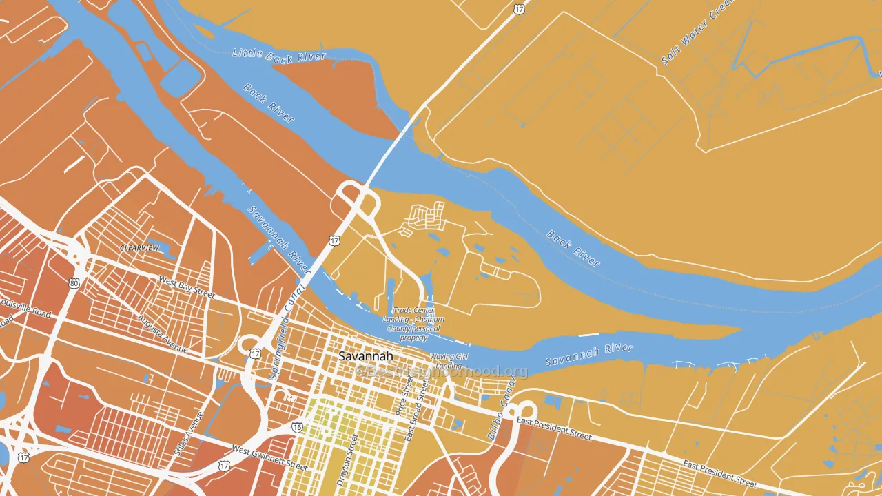 Map of the best neighborhoods in the 31421 area, with better matches in green and worse matches in red