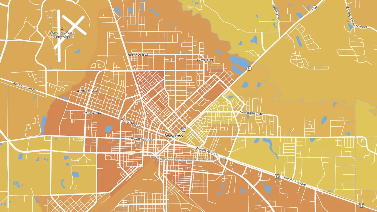 Map of the best neighborhoods in the 31501 area, with better matches in green and worse matches in red
