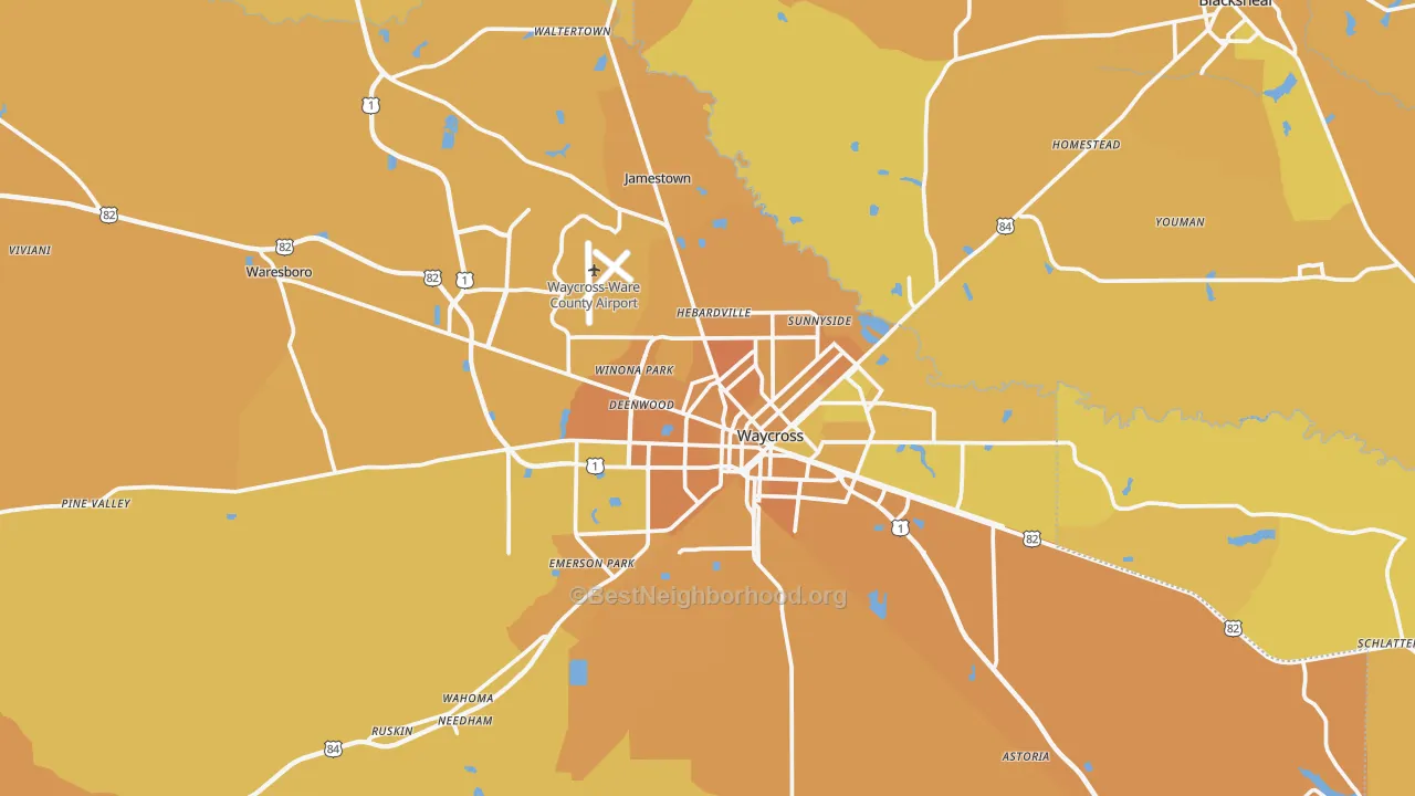 Map of the best neighborhoods in the 31503 area, with better matches in green and worse matches in red