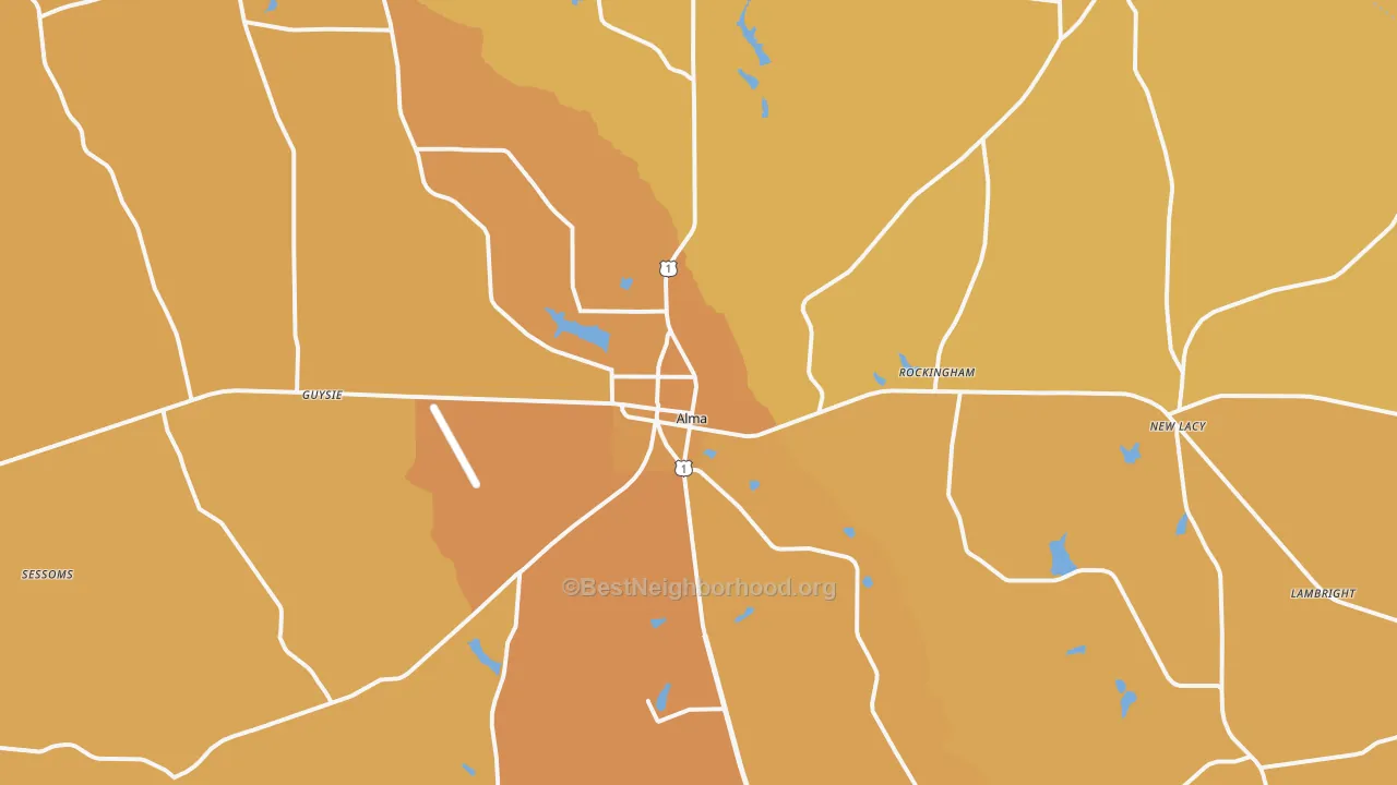 Map of the best neighborhoods in the 31510 area, with better matches in green and worse matches in red