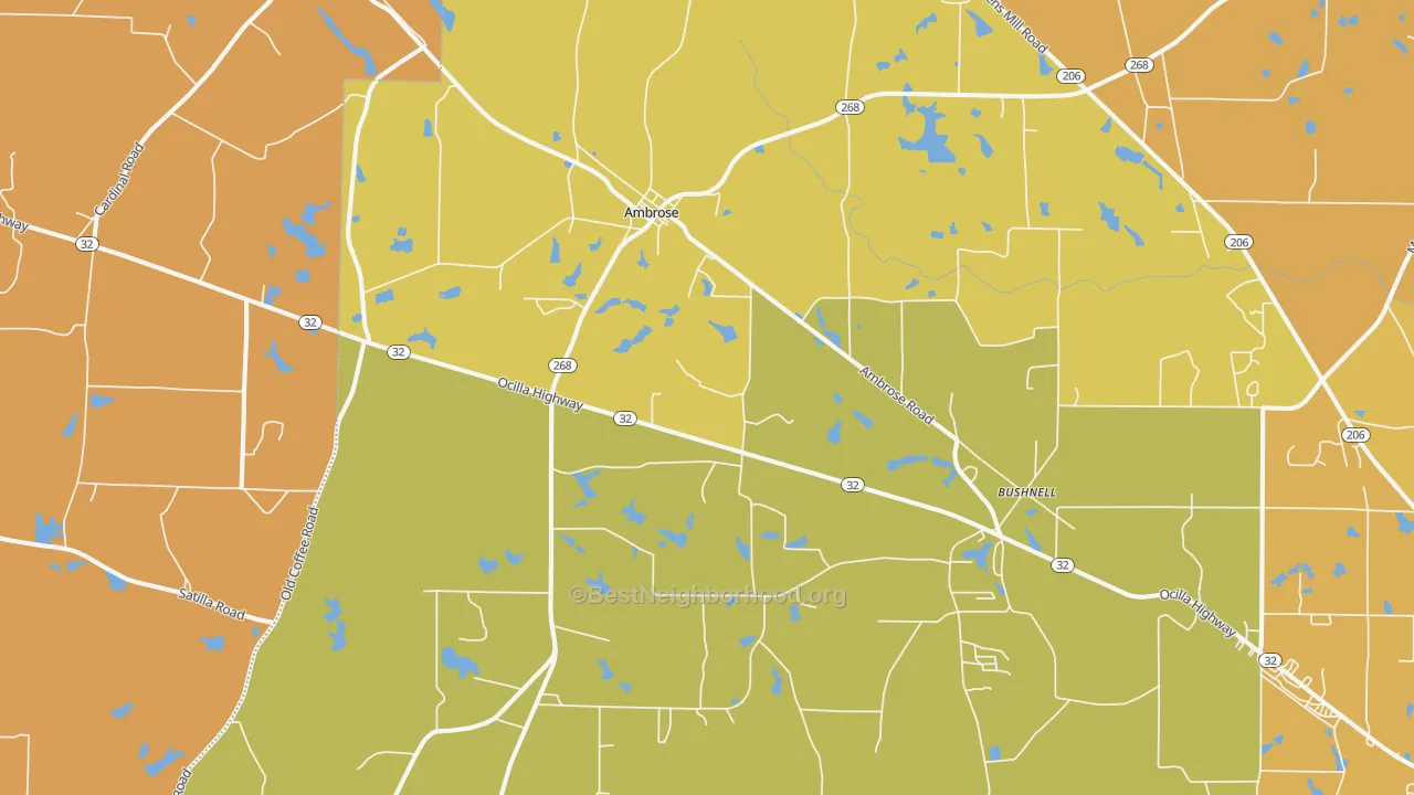 Map of the best neighborhoods in the 31512 area, with better matches in green and worse matches in red