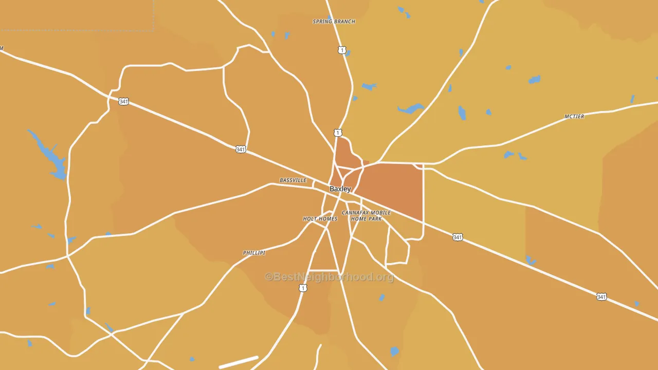 Map of the best neighborhoods in the 31513 area, with better matches in green and worse matches in red