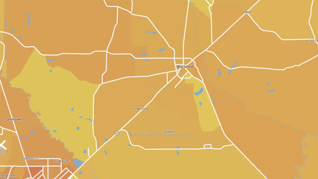 Map of the best neighborhoods in the 31516 area, with better matches in green and worse matches in red