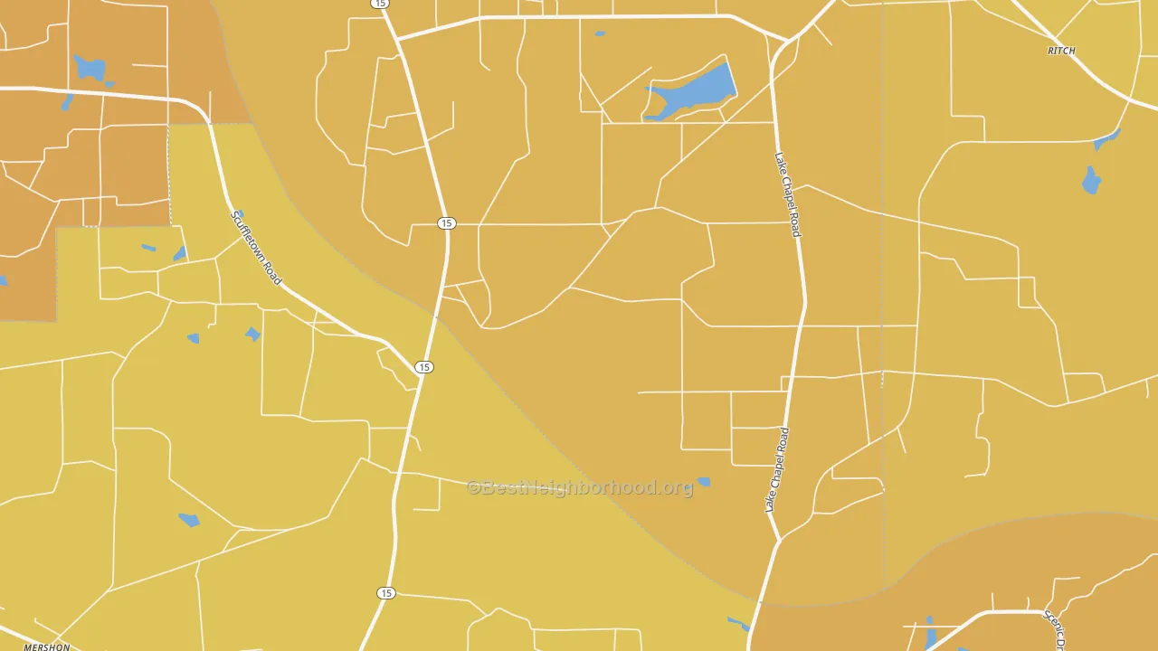 Map of the best neighborhoods in the 31518 area, with better matches in green and worse matches in red