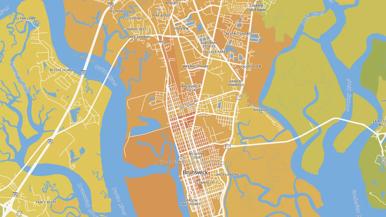 Map of the best neighborhoods in the 31520 area, with better matches in green and worse matches in red
