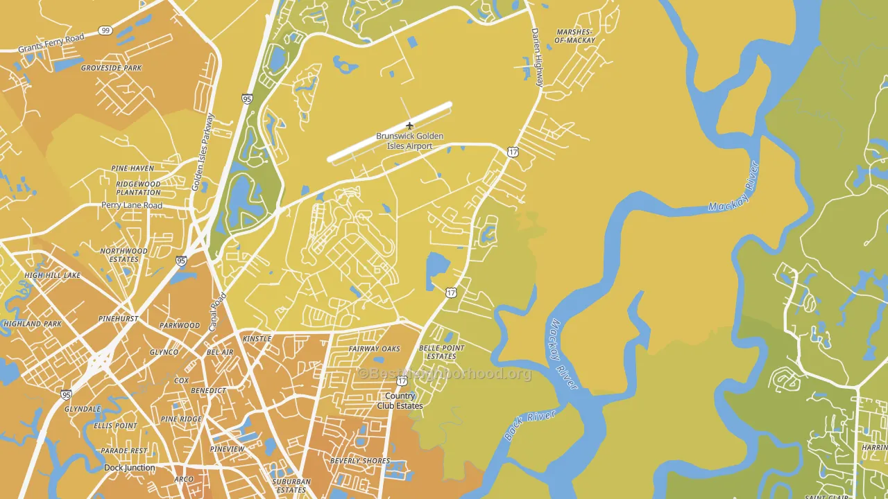 Map of the best neighborhoods in the 31524 area, with better matches in green and worse matches in red