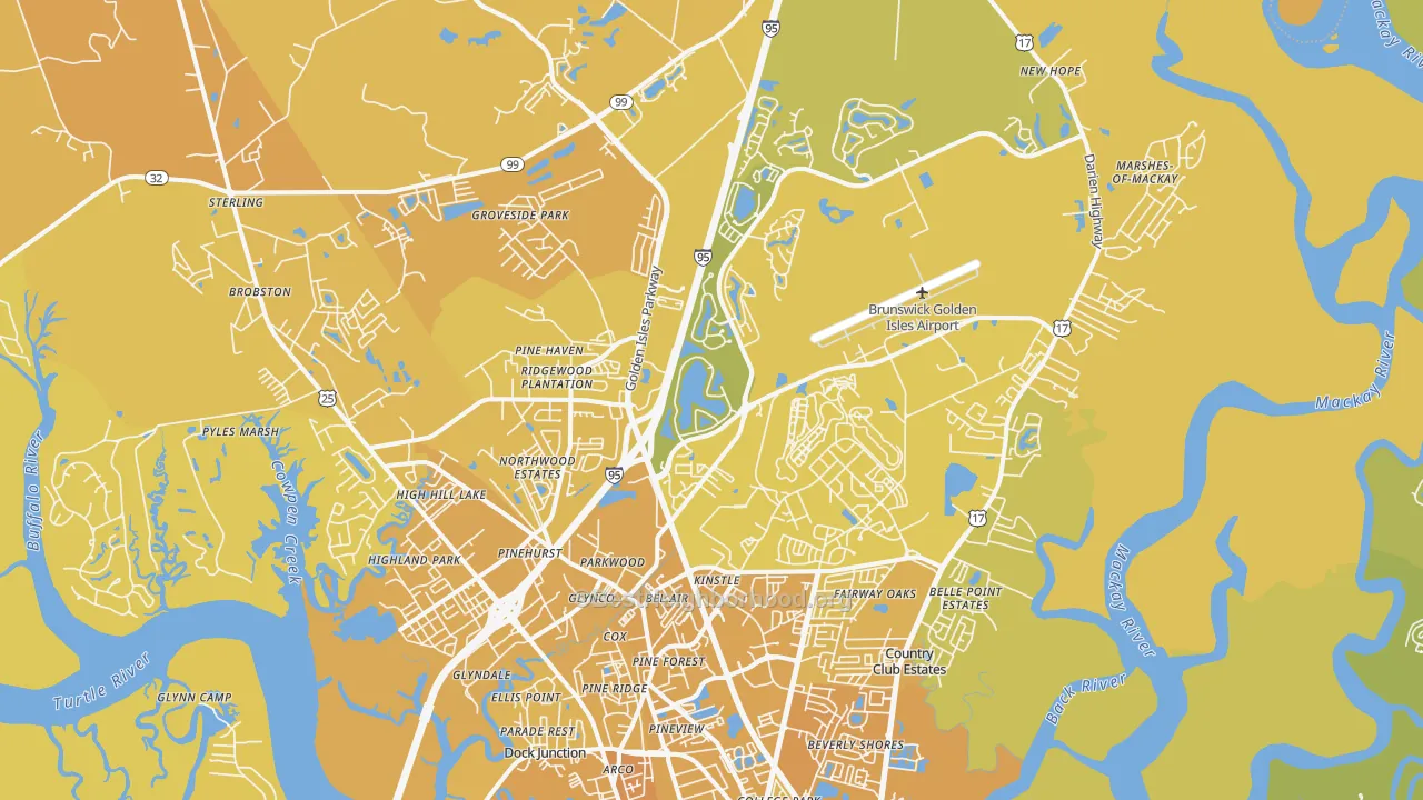 Map of the best neighborhoods in the 31525 area, with better matches in green and worse matches in red
