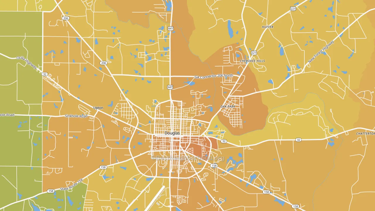 Map of the best neighborhoods in the 31533 area, with better matches in green and worse matches in red