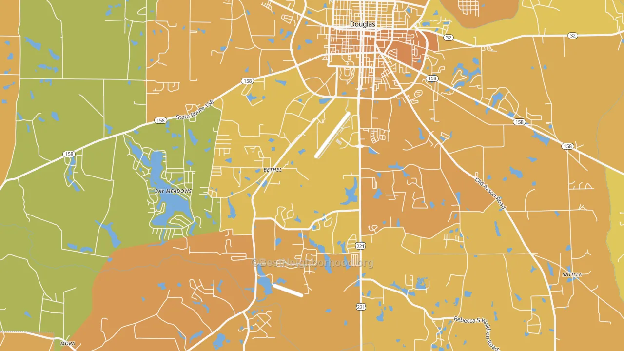 Map of the best neighborhoods in the 31535 area, with better matches in green and worse matches in red