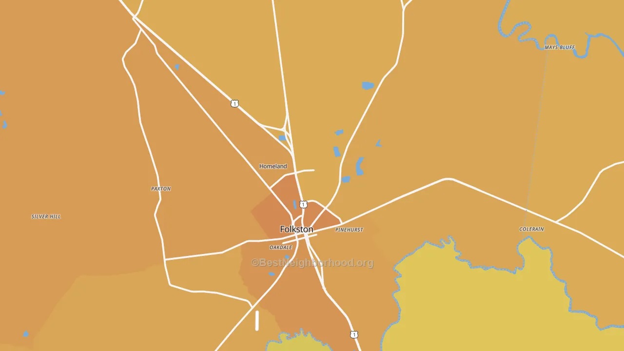 Map of the best neighborhoods in the 31537 area, with better matches in green and worse matches in red