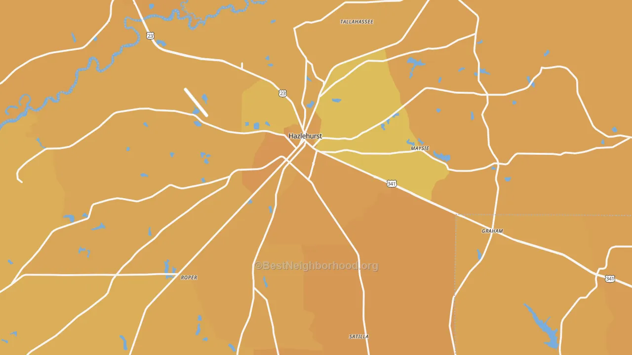 Map of the best neighborhoods in the 31539 area, with better matches in green and worse matches in red