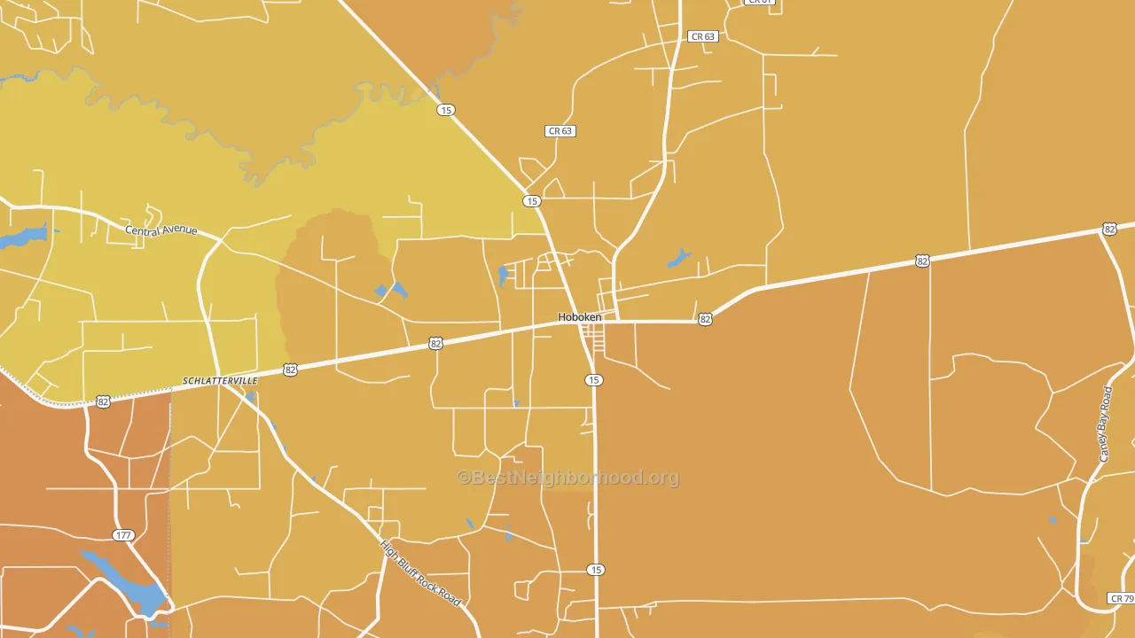 Map of the best neighborhoods in the 31542 area, with better matches in green and worse matches in red