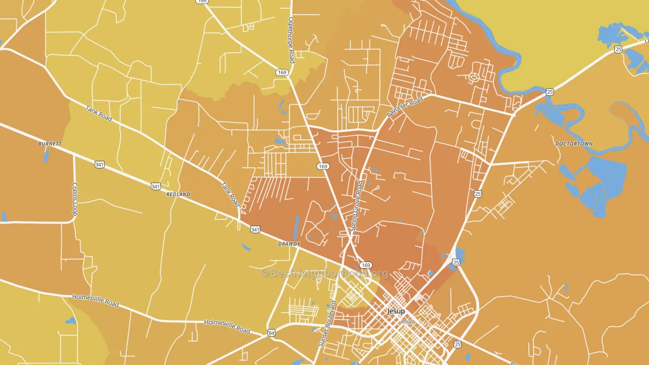 Map of the best neighborhoods in the 31545 area, with better matches in green and worse matches in red