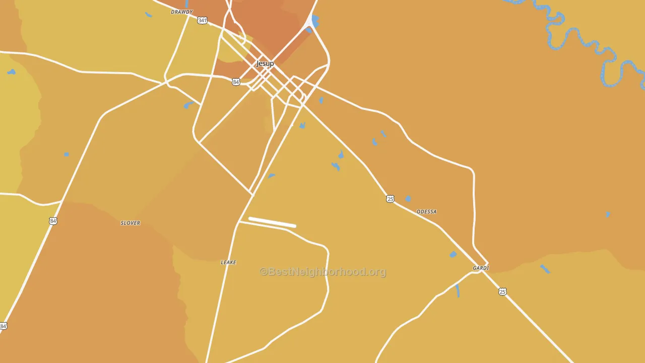 Map of the best neighborhoods in the 31546 area, with better matches in green and worse matches in red