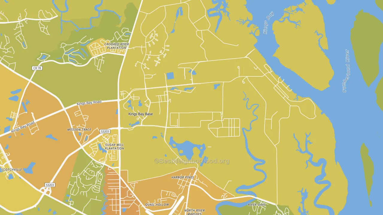 Map of the best neighborhoods in the 31547 area, with better matches in green and worse matches in red