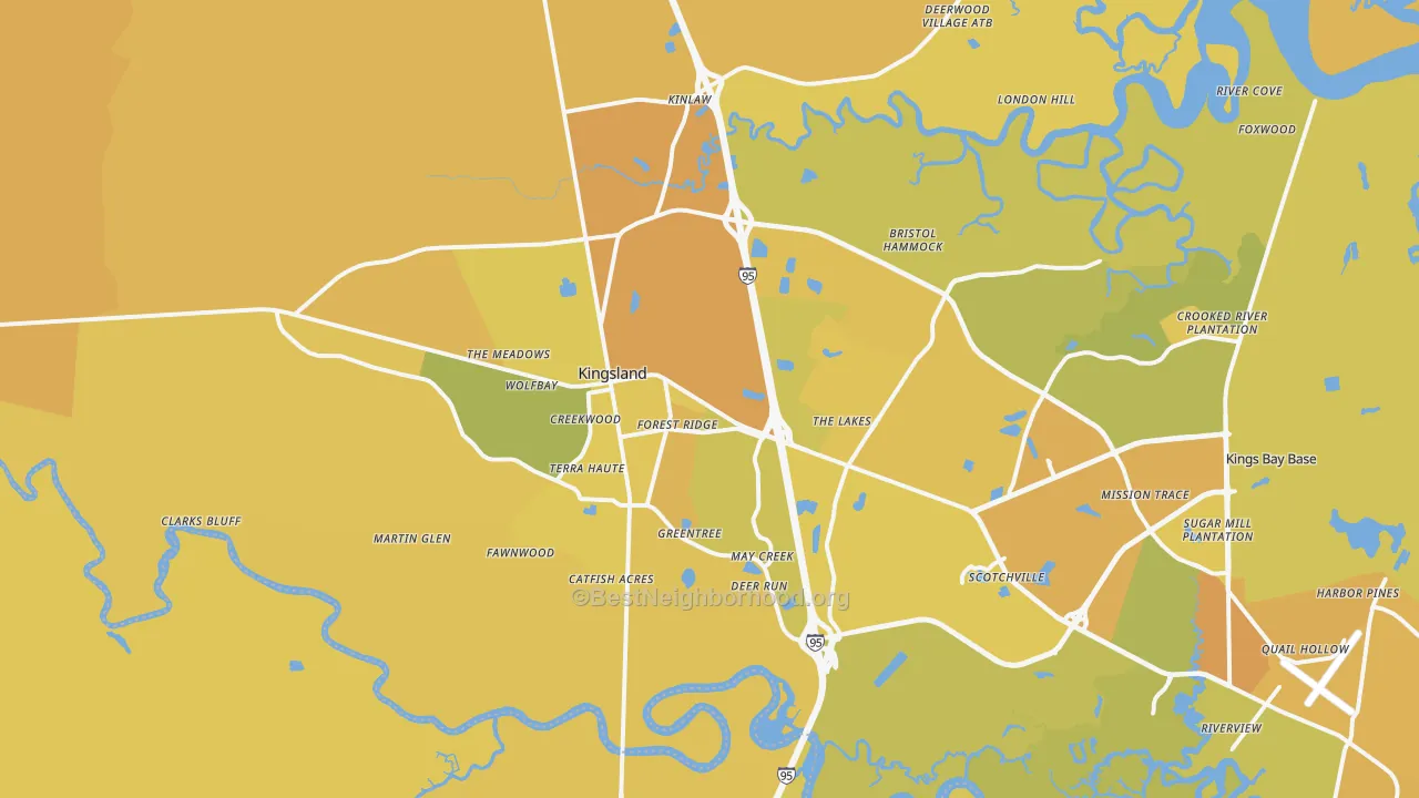 Map of the best neighborhoods in the 31548 area, with better matches in green and worse matches in red