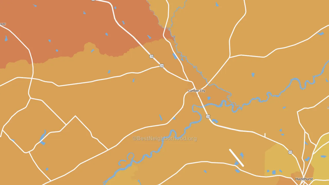 Map of the best neighborhoods in the 31549 area, with better matches in green and worse matches in red