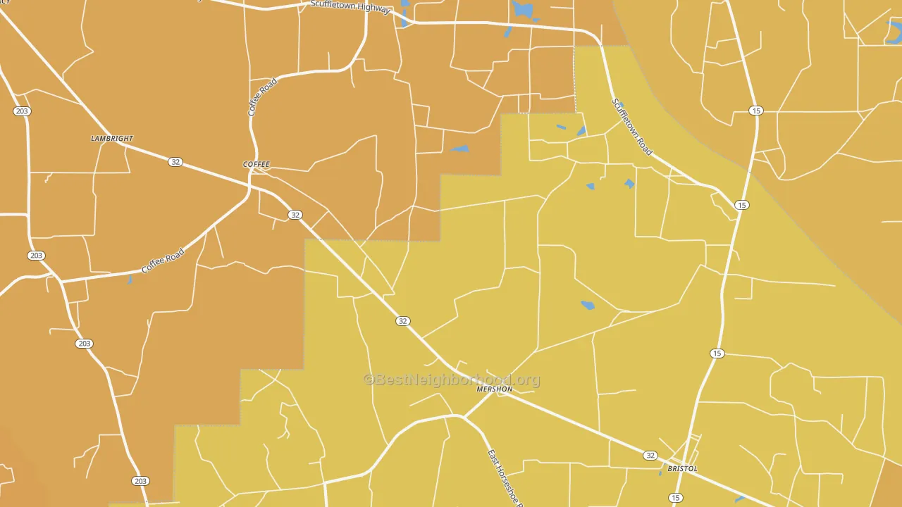 Map of the best neighborhoods in the 31551 area, with better matches in green and worse matches in red
