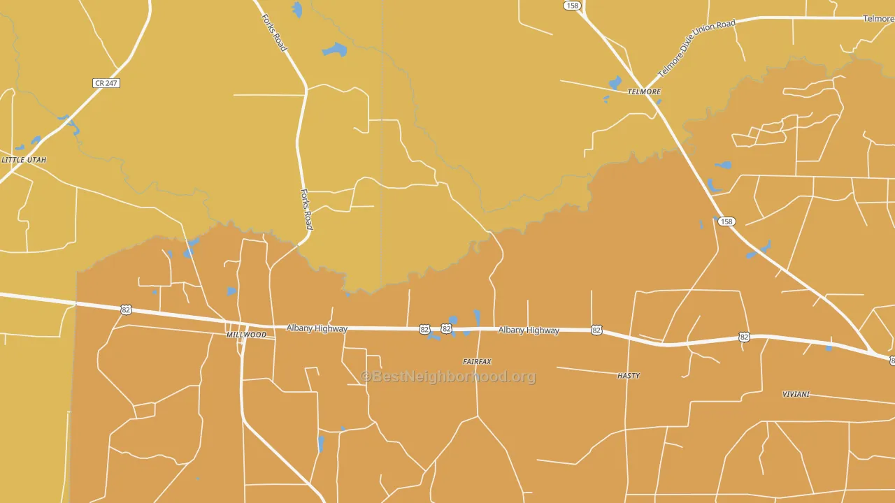 Map of the best neighborhoods in the 31552 area, with better matches in green and worse matches in red