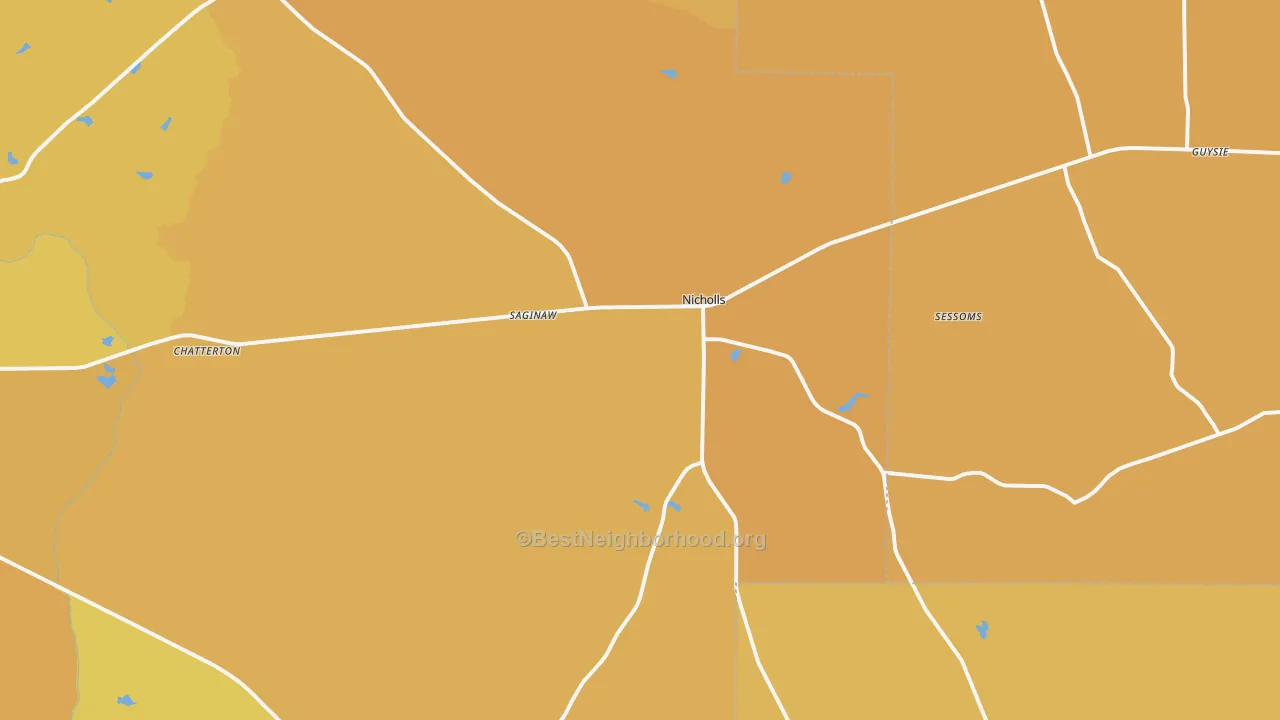 Map of the best neighborhoods in the 31554 area, with better matches in green and worse matches in red