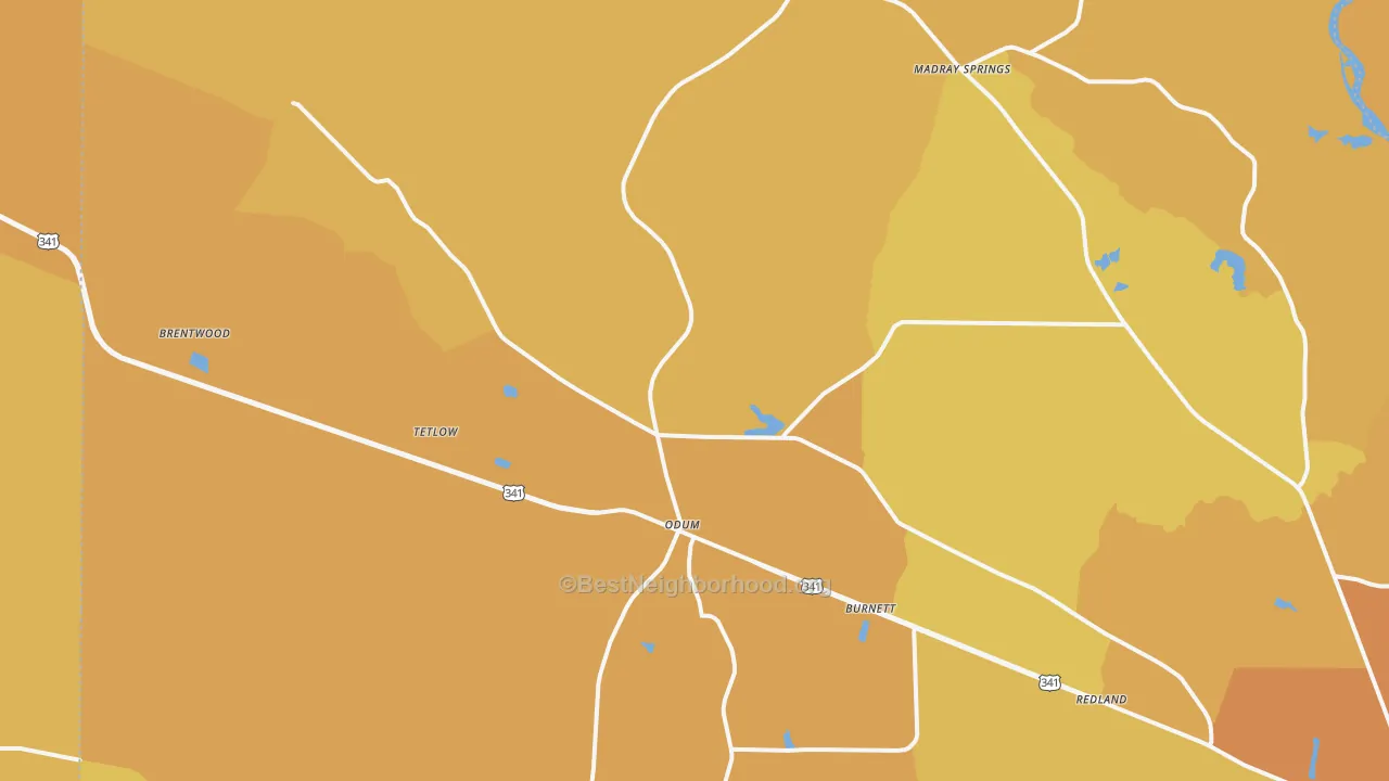 Map of the best neighborhoods in the 31555 area, with better matches in green and worse matches in red