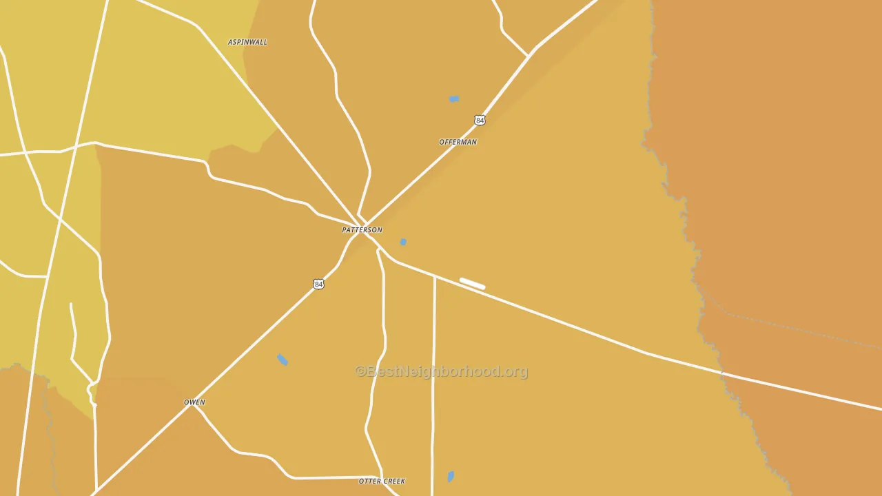 Map of the best neighborhoods in the 31557 area, with better matches in green and worse matches in red