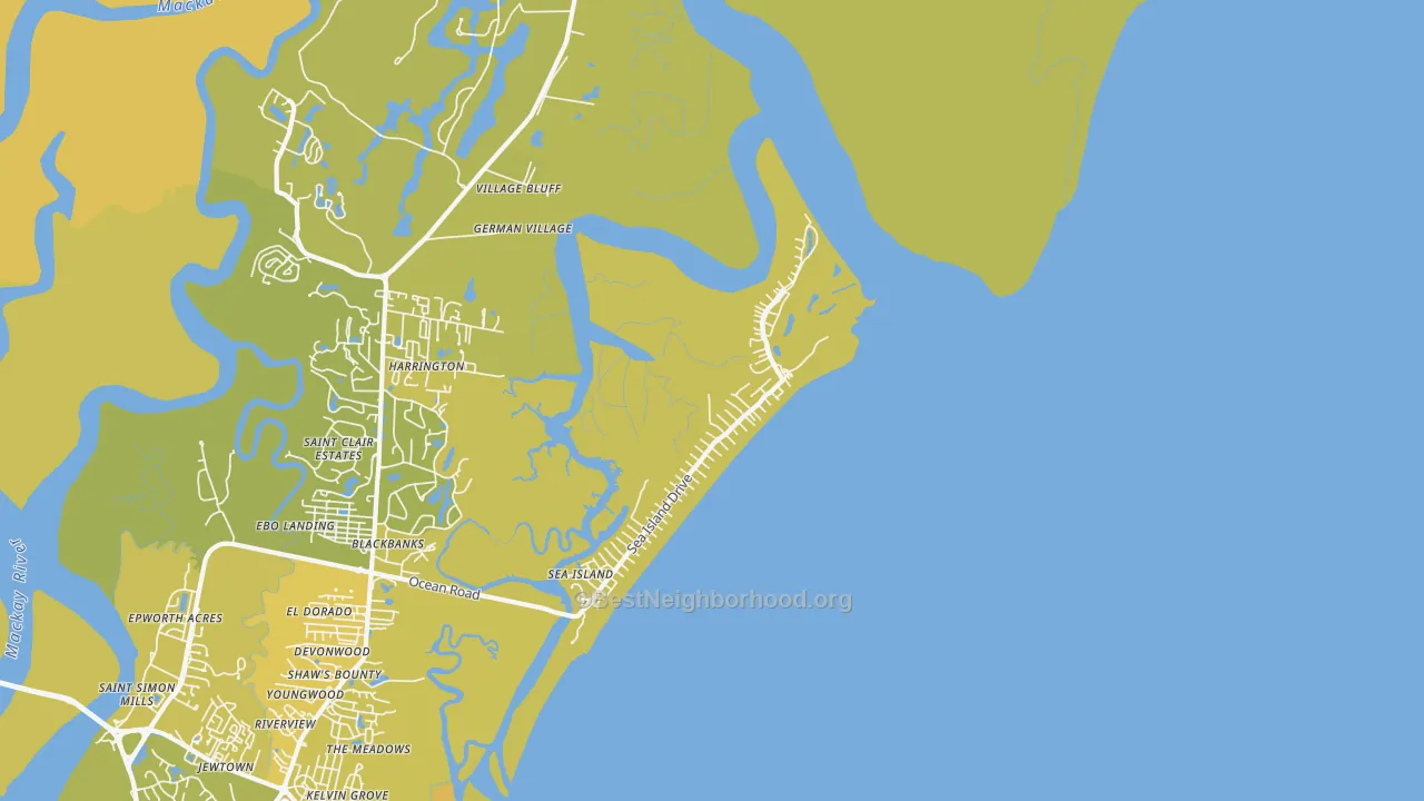 Map of the best neighborhoods in the 31561 area, with better matches in green and worse matches in red