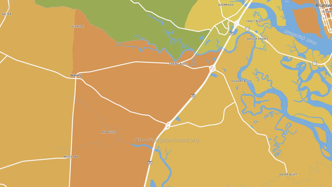 Map of the best neighborhoods in the 31565 area, with better matches in green and worse matches in red