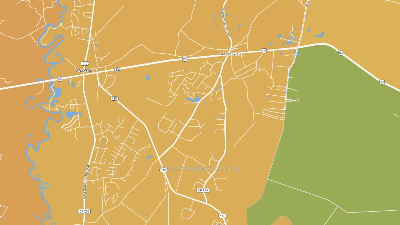 Map of the best neighborhoods in the 31566 area, with better matches in green and worse matches in red