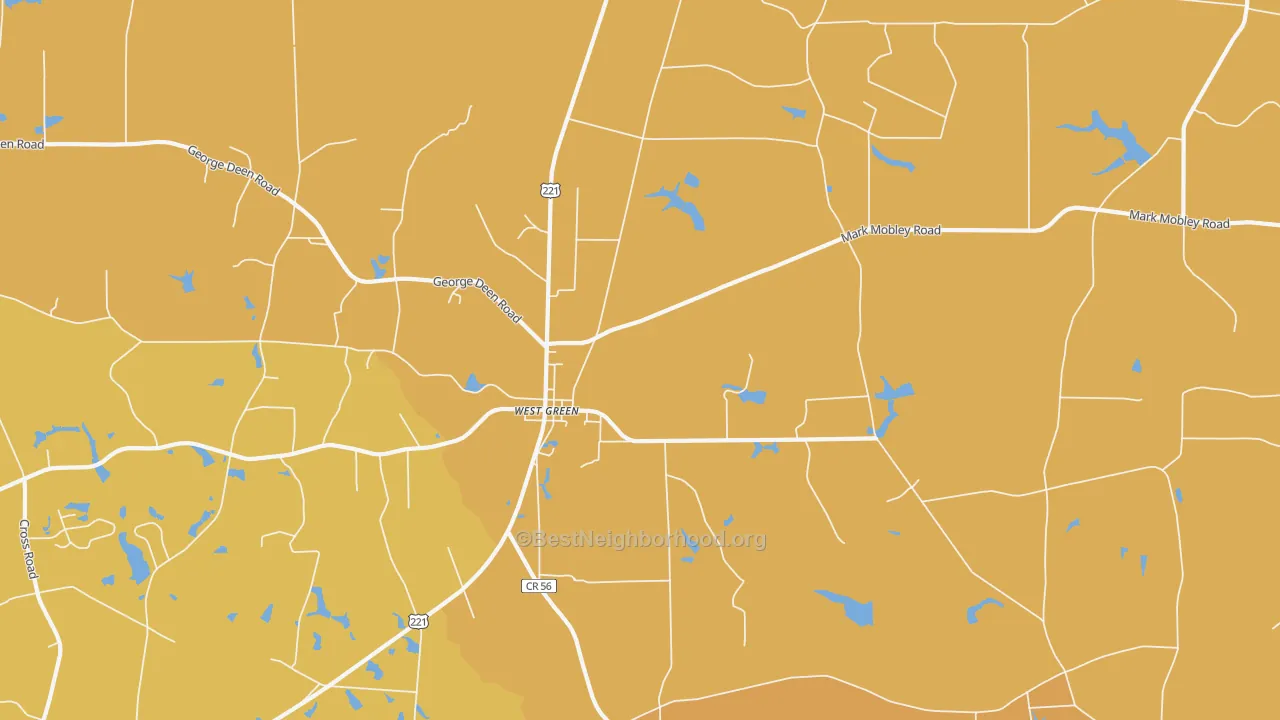 Map of the best neighborhoods in the 31567 area, with better matches in green and worse matches in red